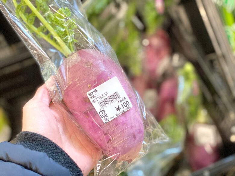 京都伏見のじねんと市場で販売されている紫大根（京野菜）