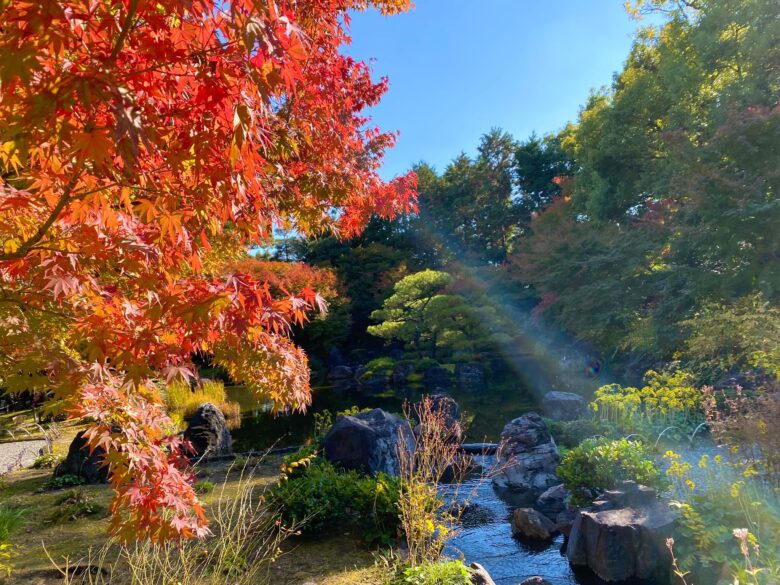 城南宮の平安の庭の紅葉と池